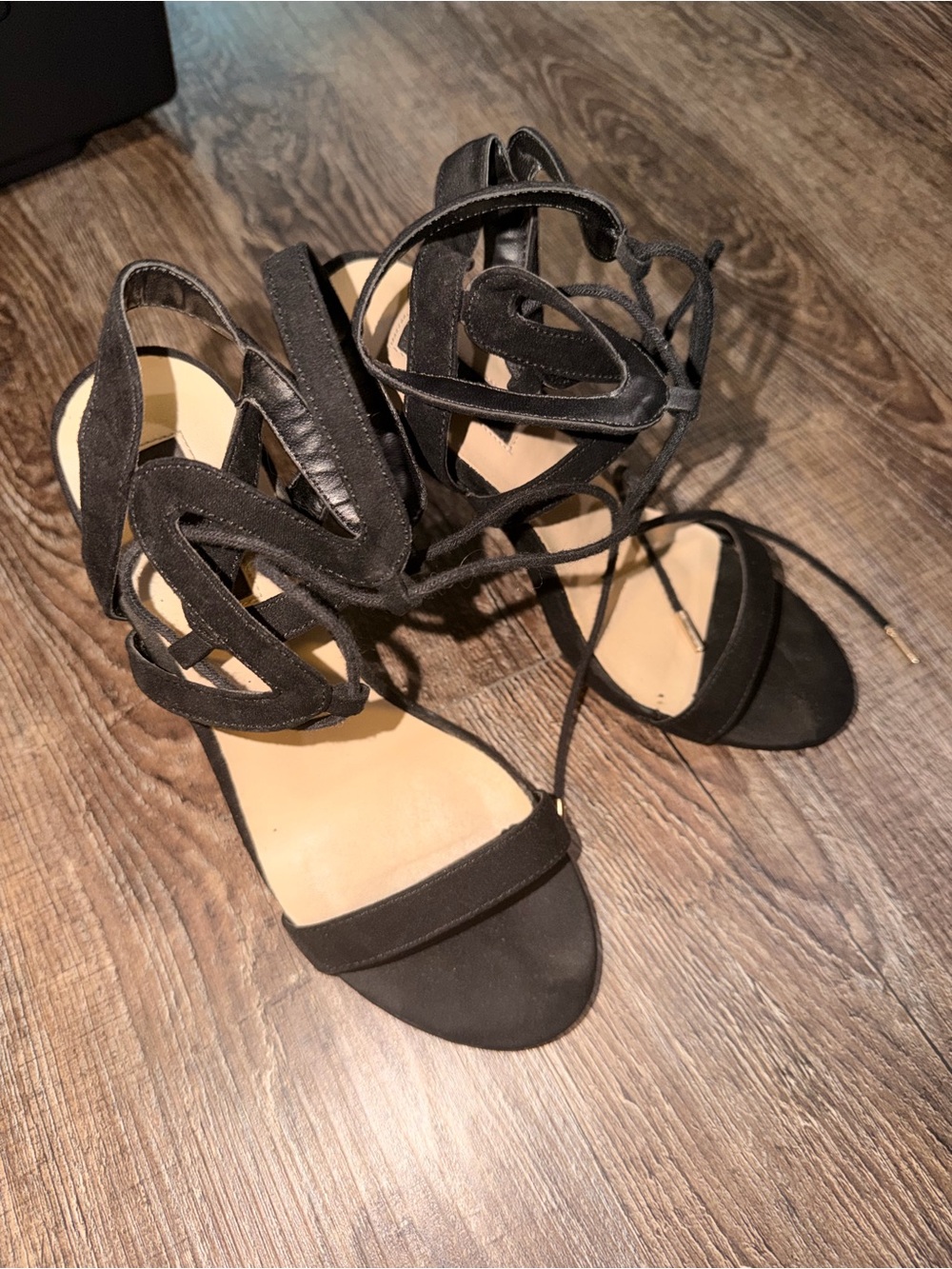 Qupid Black Lace-Up Cutout Heeled Sandals